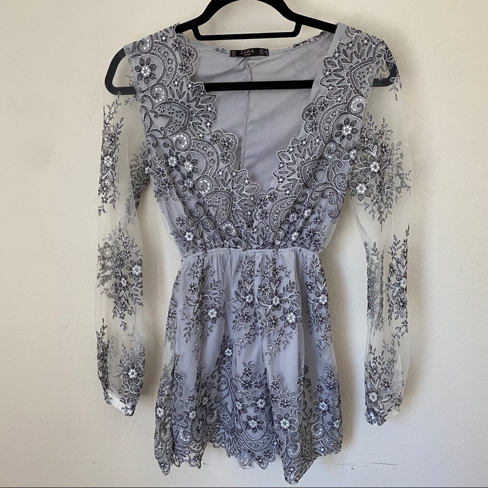 SOLD. Zara Grey Black Silver Embroidered Romper